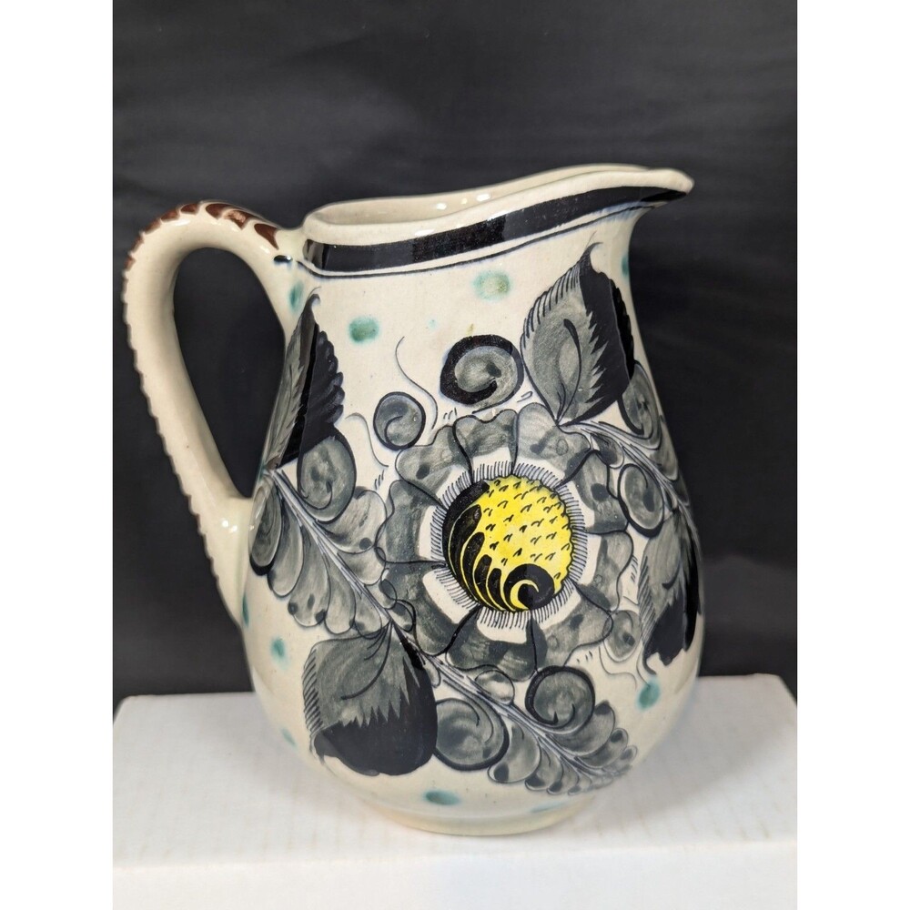 Vintage Mexican Tonala Folk Art Pottery Pitcher ~ 7" H